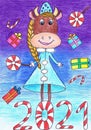 Goby in the suit of the Snow Maiden, 2021. Children`s drawing Royalty Free Stock Photo