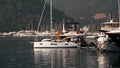 GOCEK, TURKEY - FEBRUARY, 2023. A modern Jeanneau Sun Odyssey 410 sailboat moves in marina