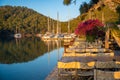 Gocek, Turkey - June 5, 2023: Beautiful sea coast near Cleopatra Bath Bay, Gocek, Fethie, Turkey. Landscape with moor