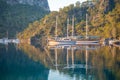 Gocek, Turkey - June 5, 2023: Beautiful sea coast near Cleopatra Bath Bay, Gocek, Fethie, Turkey. Landscape with moor