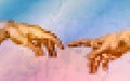 God and Adams hands. Creation of human. Genesis. Touch of god. Spirituality. A section of Michelangelo`s fresco Sistine Chapel Royalty Free Stock Photo