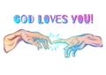 God and Adams hands. Modern vector illustration. The Creation of Adam. Philosophy of the Universe and religious motives. Royalty Free Stock Photo