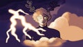 Slavic god Veles. God with antlers in the sky. Loki in clouds. Hand drawn illustration of Scandinavian mythology. Myths