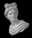 God Apollo bust sculpture. Ancient Greek god of Sun and Poetry Plaster copy of a marble statue isolated on black with