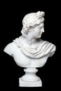 God Apollo bust sculpture. Ancient Greek god of Sun and Poetry Plaster copy of a marble statue isolated on black.