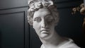 God Apollo bust sculpture. Ancient Greek god of Sun and Poetry Plaster copy of a marble statue on black.