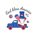 God bless America inscription with truck, gnome. Cute vector prints for 4th of July. Independence day design elements in the