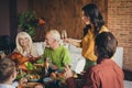 God bless you all. Thanks giving big family meeting young lady tell greeting toast drink sparkling wine living room Royalty Free Stock Photo