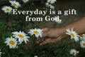 Inspirational quote - Everyday is a gift from God. With young woman hand picking a white daisy chrysanthemums flower in garden.