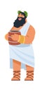 God Dionysus. Ancient Greek deity, divine patron of winemaking. Cartoon bearded fat man in toga holding wine barrel