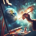 God hands hold paintbrush painting the blue planet Earth on cosmic canvas Royalty Free Stock Photo