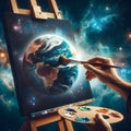 God hands hold paintbrush painting earth on cosmic canvas Royalty Free Stock Photo