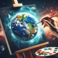 God hands hold paintbrush painting earth on cosmic canvas Royalty Free Stock Photo