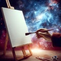 God hands hold paintbrush painting the universe on blank cosmic canvas Royalty Free Stock Photo