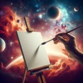 God hands hold paintbrush painting the universe on blank cosmic canvas Royalty Free Stock Photo