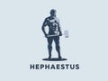 God Hephaestus holds a hammer in his hands.