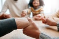 God, holding hands or big family praying for support or hope in Christian home for worship together. Mother, father or Royalty Free Stock Photo