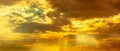 God Light. Dramatic Golden Cloudy Sky With Sun Beam. Yellow Sun Rays Through  Golden Clouds. God Light From Heaven For Hope And