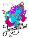 god lord Krishna with hand lettering inscription happy janmashtmi for indian festival