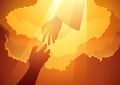 God in the open sky with human hands trying to reach Him Royalty Free Stock Photo