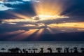 God rays and palms shadow above Red Sea, Gulf of Aqaba Royalty Free Stock Photo