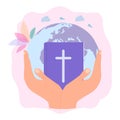 God`s hands protect the planet. God gives people hope. The Bible, the word of God. Colorful vector illustration Royalty Free Stock Photo