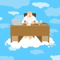 God sitting in office. Almighty of work place in heaven. Grandfather with beard at work. Holy of work desk. Laptop and phone. Cup