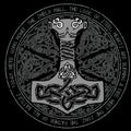 God Thor Hammer - Mjollnir. Round traditional Scandinavian ornament and runic text