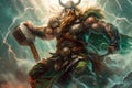 God Thor holds the hammer Mjelnir, a warrior with a sword, thunder and lightning, the battle of Ragnarok. Neural network