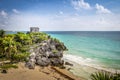 God of winds Temple and Caribbean beach - Mayan Ruins of Tulum, Mexico Royalty Free Stock Photo