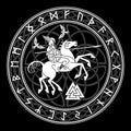 God Wotan, riding on a horse Sleipnir with a spear and two ravens in a circle of Norse runes. Illustration of Norse Royalty Free Stock Photo