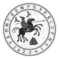 God Wotan, riding on a horse Sleipnir with a spear and two ravens in a circle of Norse runes. Illustration of Norse Royalty Free Stock Photo