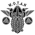 God Wotan and two ravens in a circle of Norse runes. Illustration of Norse mythology