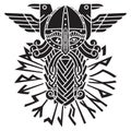 God Wotan, two ravens and norse runes. Illustration of Norse mythology