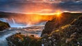 Godafoss waterfall at sunset. Fantastic landscape. Beautiful cumulus clouds. Royalty Free Stock Photo