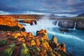 Godafoss waterfall at sunset. Fantastic landscape. Beautiful cumulus clouds. Iceland Europe Royalty Free Stock Photo