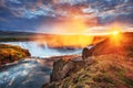 Godafoss waterfall at sunset. Fantastic landscape. Beautiful cumulus clouds. Iceland Europe Royalty Free Stock Photo