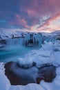 Godafoss waterfall at sunset Views around Iceland, Northern Europe in winter with snow and ice One of the most powerful waterfall