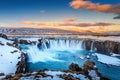 Godafoss waterfall at sunset in winter, Iceland