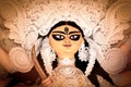 Goddess Durga Face in Happy Durga Puja Subh Navratri Maa background