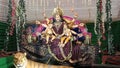 Goddess Durga with God Ganesha and Kartiken during Navratri festival, Durga Puja, Durg City, Chhattisgarh, year 2022.