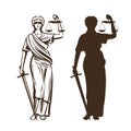 Goddess of justice. Themis with blindfold, scales and sword in hands. Vector illustration Royalty Free Stock Photo