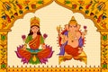 Goddess Lakshmi and Lord Ganesha in Happy Diwali background