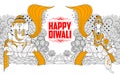 Goddess Lakshmi and Lord Ganesha on Happy Diwali Holiday doodle background for light festival of India