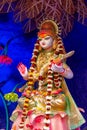 Goddess Saraswati idol decorated at Puja pandal, Saraswati symbolizes creative energy and is considered as the goddess of