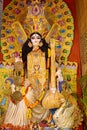 Goddess Saraswati idol decorated at Puja pandal, Saraswati symbolizes creative energy and is considered as the goddess of