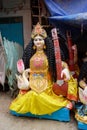 Goddess Saraswati idol is under preparation for upcoming Saraswati Puja festival at a potter's studio. Devi Saraswati is