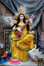 Goddess Saraswati idol is under preparation for upcoming Saraswati Puja festival at a potter's studio. Devi Saraswati is