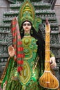 Goddess Saraswati idol is under preparation for upcoming Saraswati Puja festival at a potter's studio. Devi Saraswati is