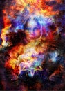 Goddess Womain and lion eye and ornametal mandala in Cosmic space. Cosmic Space background. eye contact. Royalty Free Stock Photo